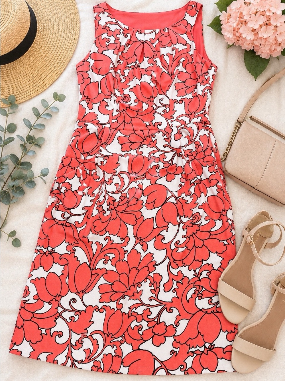 London Times Coral Floral Sheath Dress Size 4 Sleeveless Fit & Flare Pockets